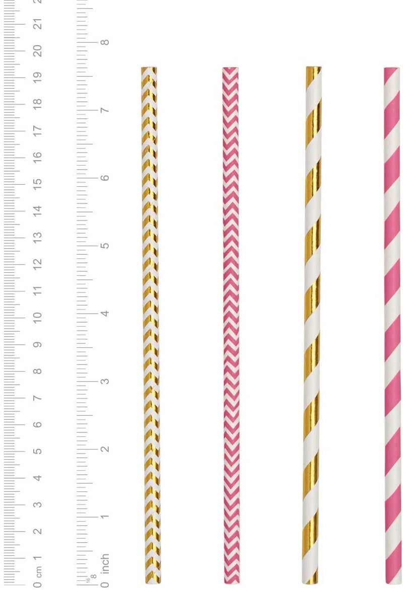 Comfy Package [200 Pack] Hot Pink & Gold Paper Straws Disposable, 100% Biodegradable Multi-Pattern Party Straws For Birthday, Wedding and Holiday Decoration - Image 2